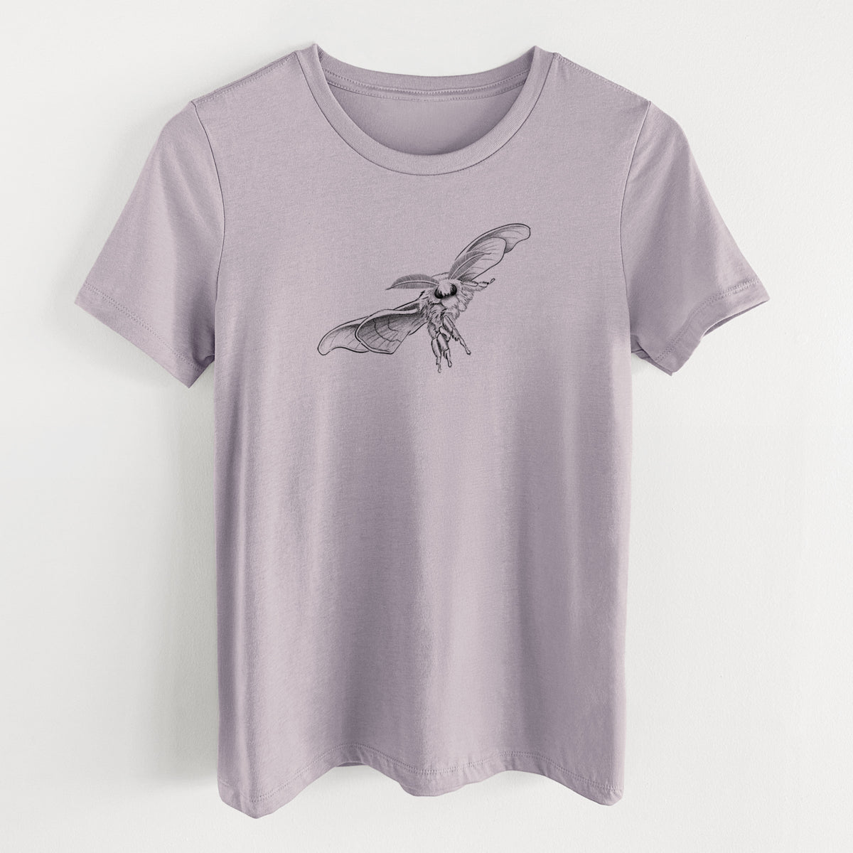 Light violet women's relaxed fit cotton t-shirt laid flat, printed with a black ink illustration of a silk moth with its wings spread.