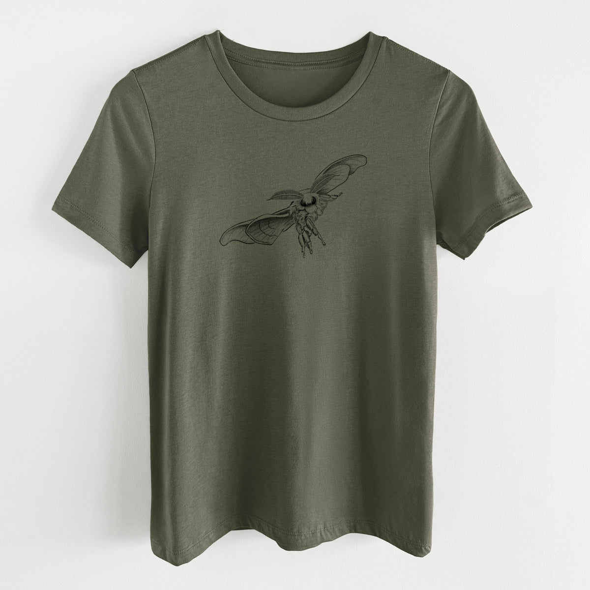 Military green women's relaxed fit cotton t-shirt laid flat, printed with a black ink illustration of a silk moth with its wings spread.