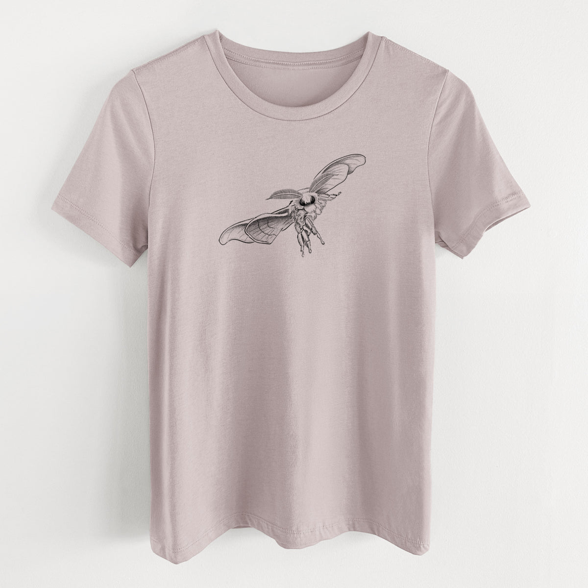 Pink gravel women's relaxed fit cotton t-shirt laid flat, printed with a black ink illustration of a silk moth with its wings spread.