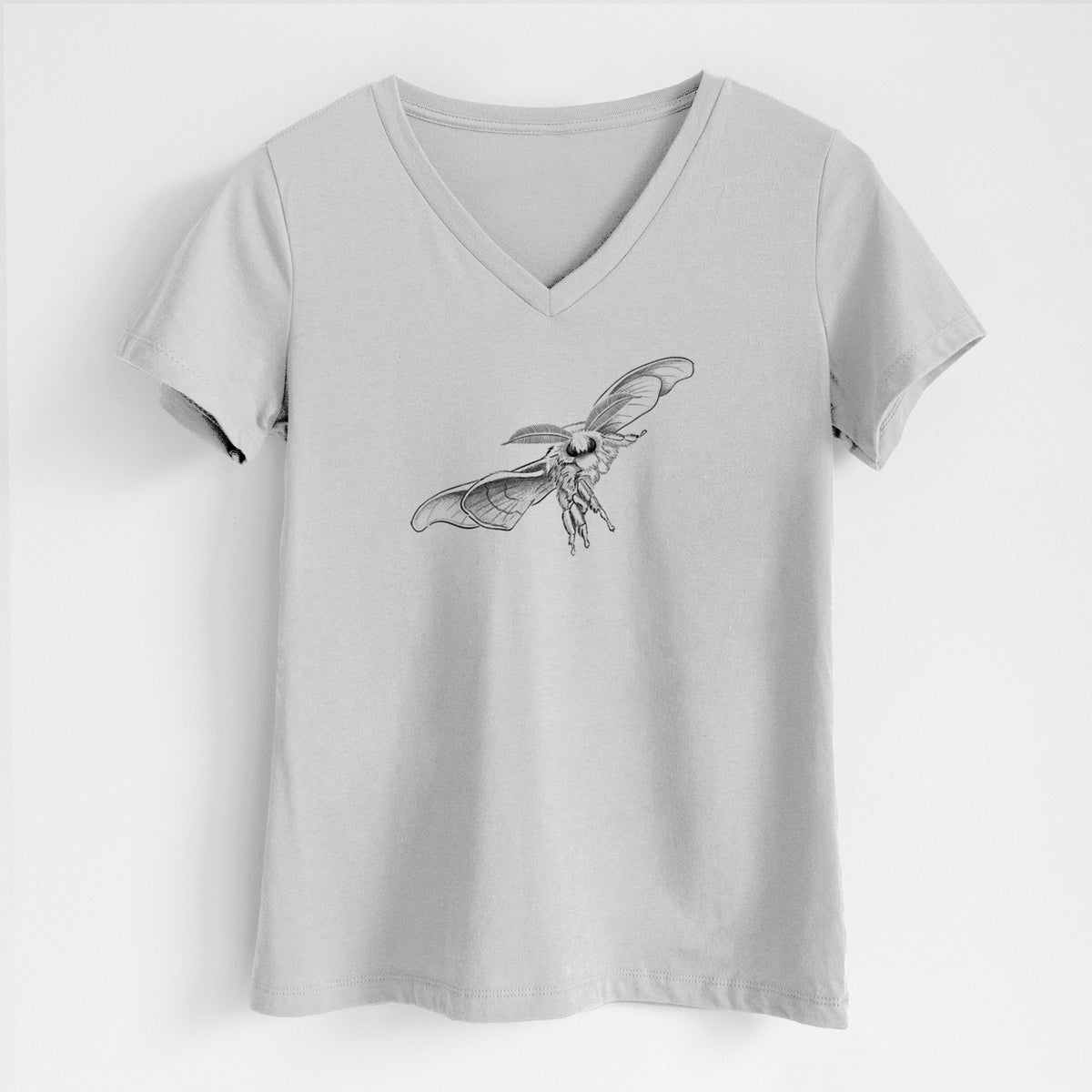 Lunar grey women's relaxed fit cotton V-neck t-shirt laid flat, printed with a black ink illustration of a silk moth with its wings spread.