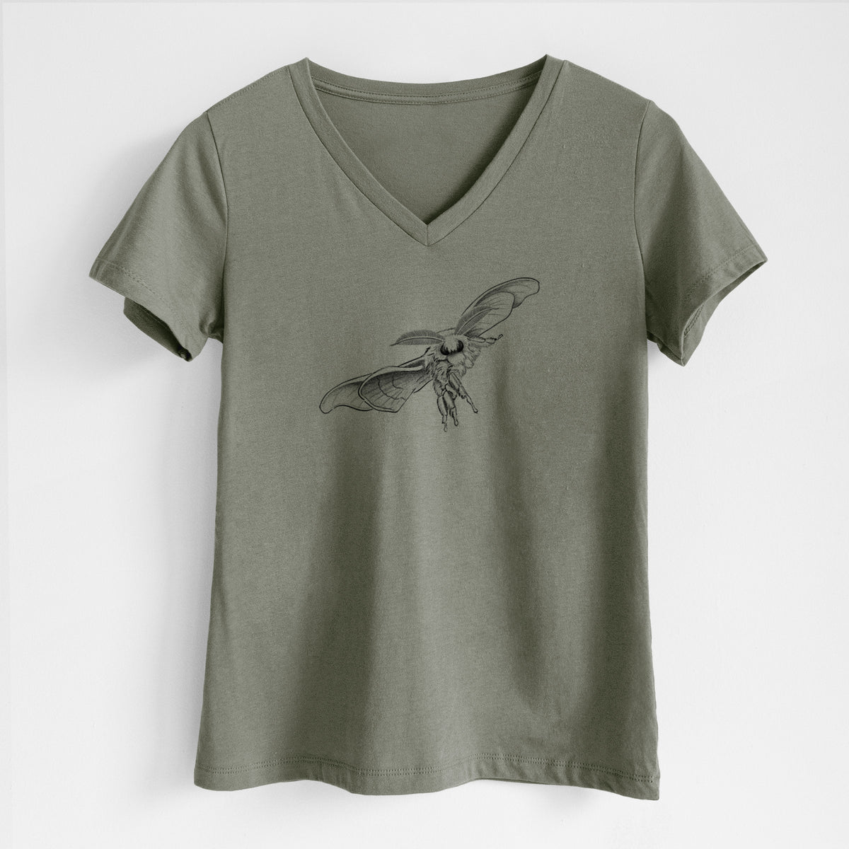 Military green women's relaxed fit cotton V-neck t-shirt laid flat, printed with a black ink illustration of a silk moth with its wings spread.