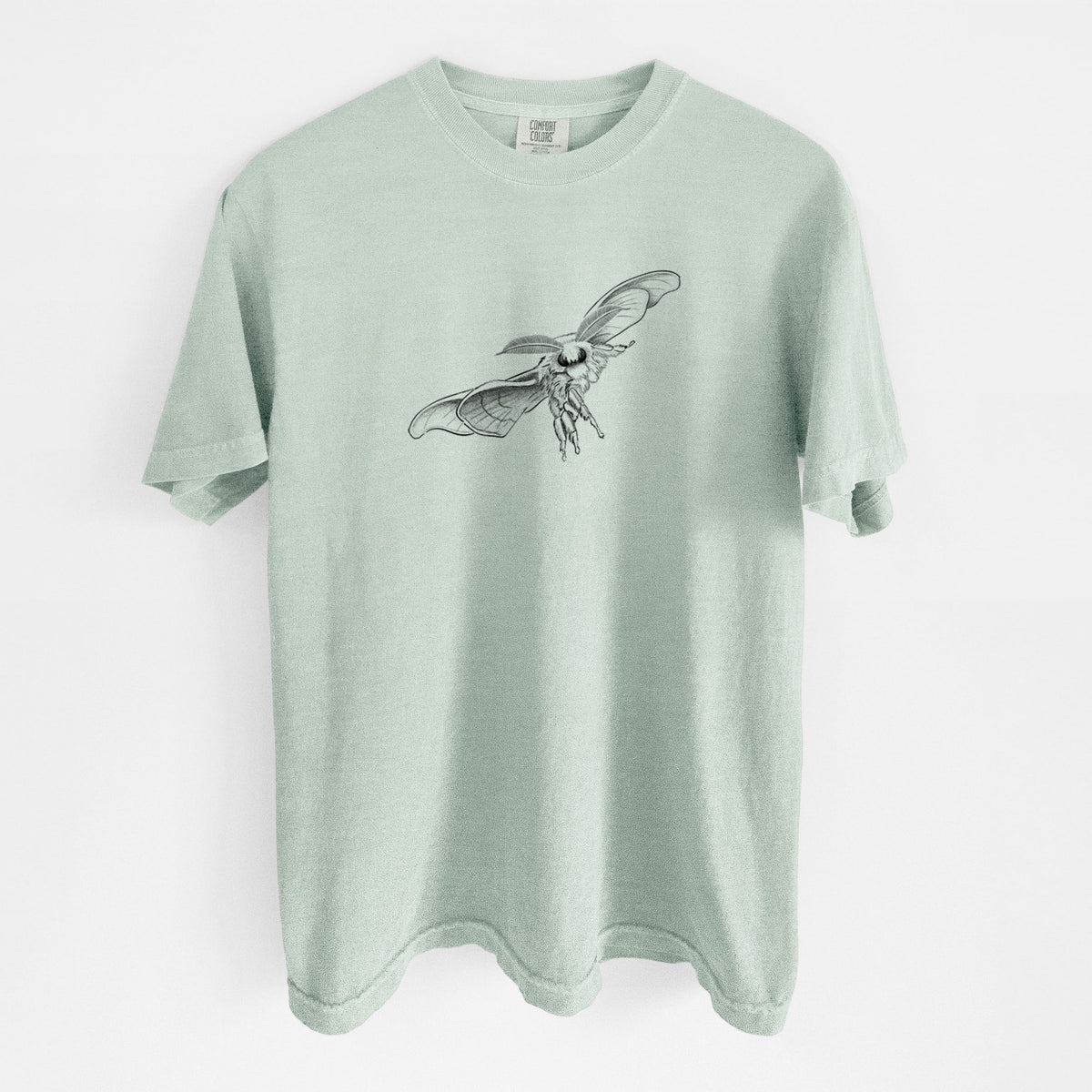 Bay green Comfort Colors t-shirt laid flat, printed with a black ink illustration of a silk moth with its wings spread.