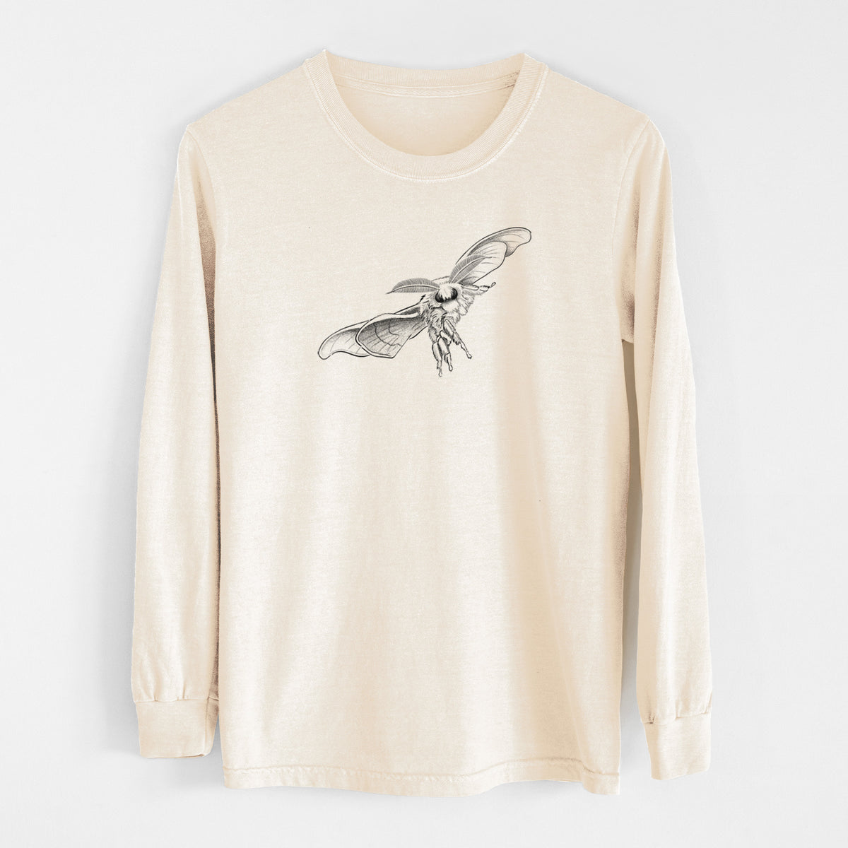 Ivory Comfort Colors long sleeve shirt laid flat, printed with a black ink illustration of a silk moth with its wings spread.