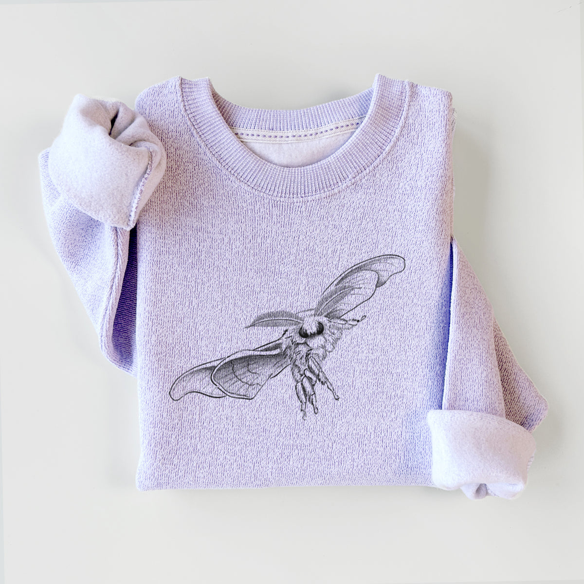 Ice purple knit sweatshirt printed with a black ink illustration of a silk moth with its wings spread, styled flat.