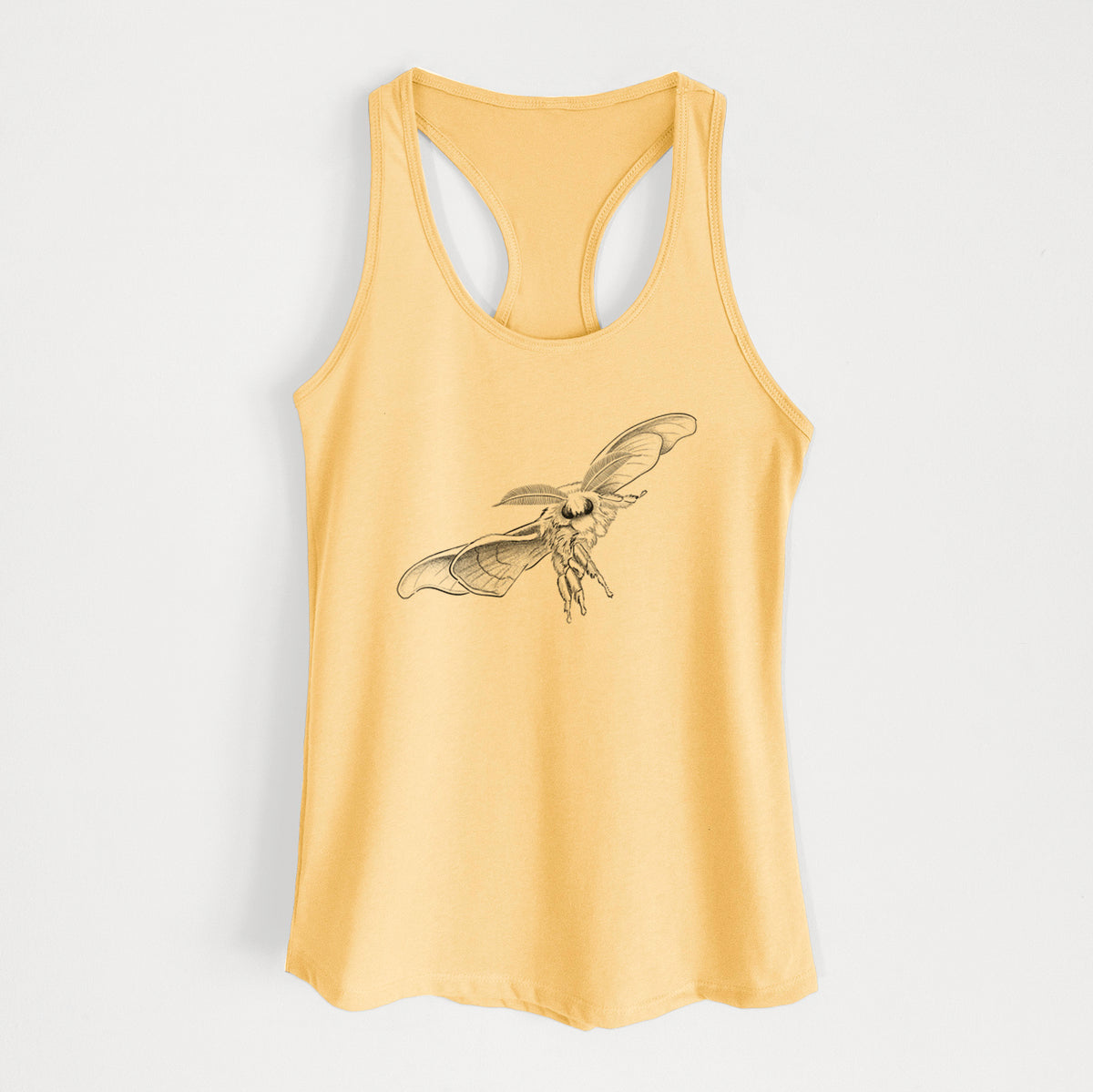 Banana cream women's racerback tank top laid flat, printed with a black ink illustration of a silk moth with its wings spread.