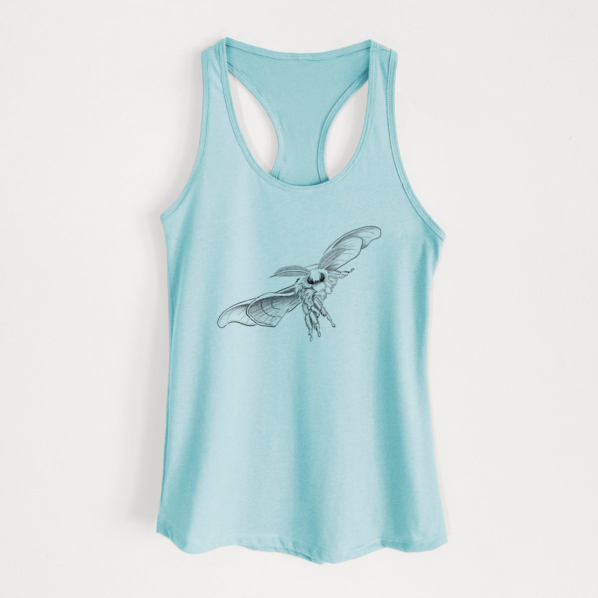 Cancun blue women's racerback tank top laid flat, printed with a black ink illustration of a silk moth with its wings spread.