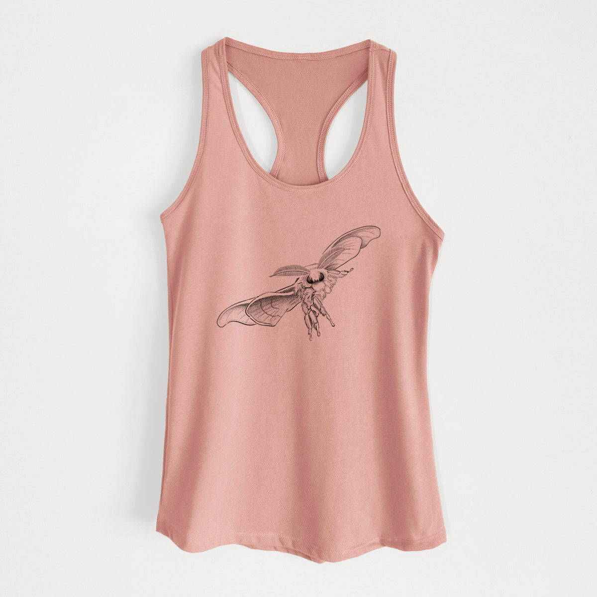 Desert pink women's racerback tank top laid flat, printed with a black ink illustration of a silk moth with its wings spread.
