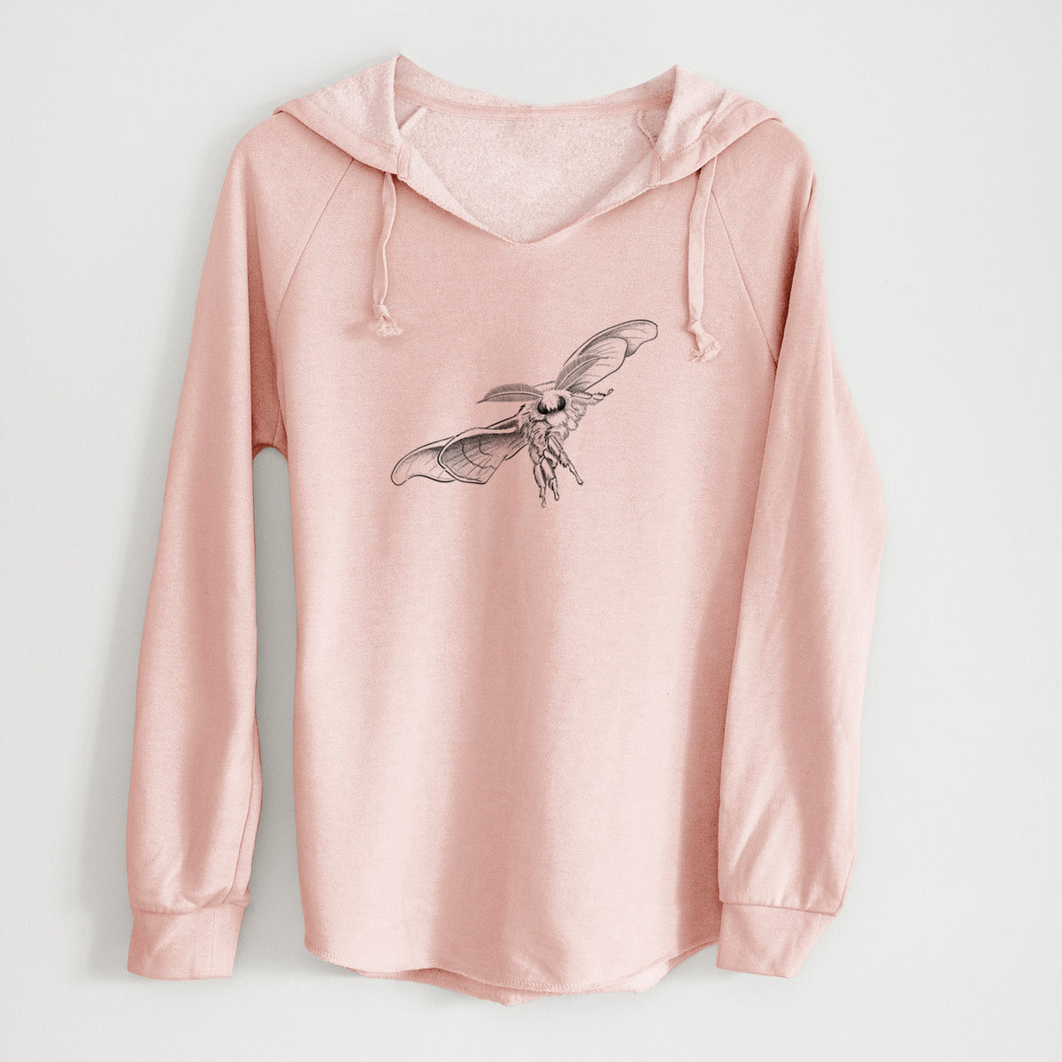 Blush pink women's Cali Wave hooded sweatshirt laid flat, printed with a black ink illustration of a silk moth with its wings spread.