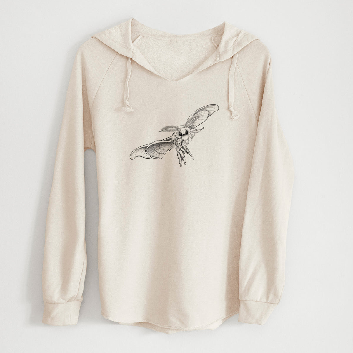 Bone cream women's Cali Wave hooded sweatshirt laid flat, printed with a black ink illustration of a silk moth with its wings spread.