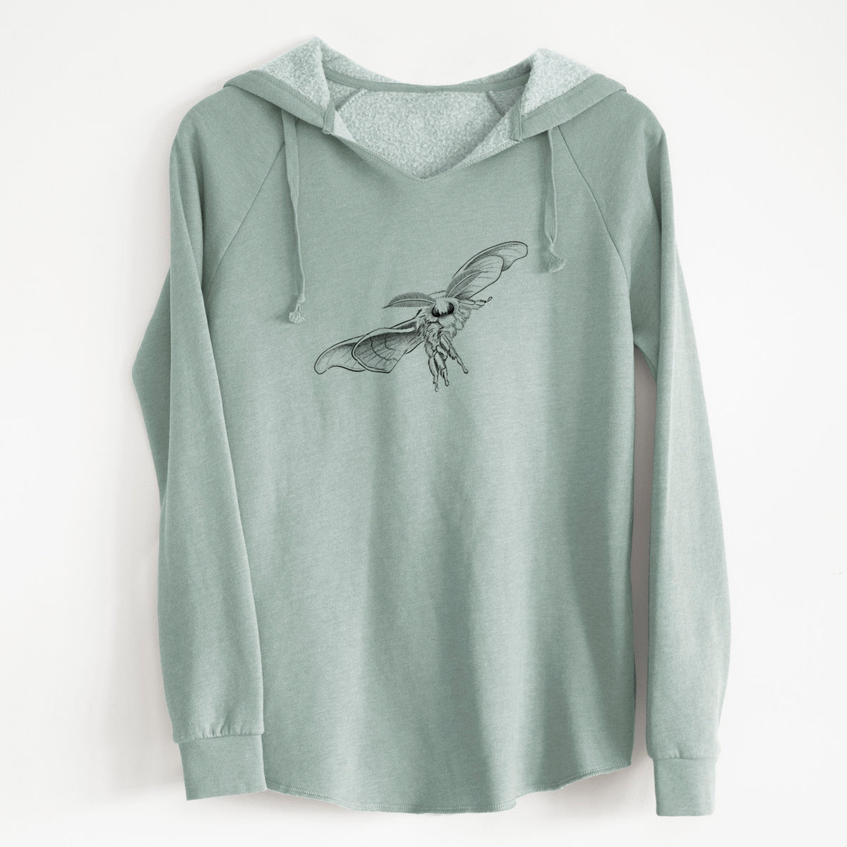 Sage green women's Cali Wave hooded sweatshirt laid flat, printed with a black ink illustration of a silk moth with its wings spread.