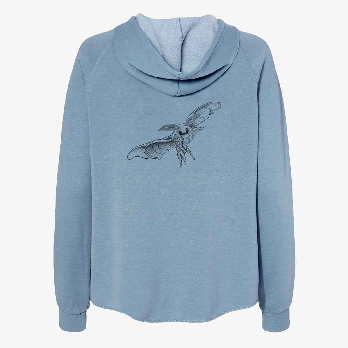 Misty blue women's Cali Wave zip-up sweatshirt laid flat, printed with a black ink illustration of a silk moth with its wings spread.