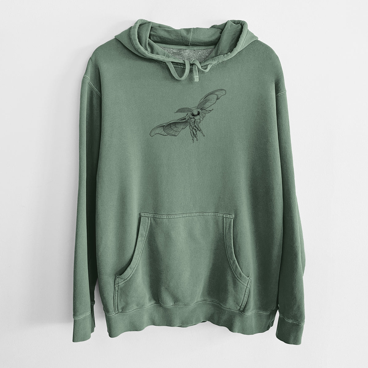 Alpine green pigment dyed hoodie laid flat, printed with a black ink illustration of a silk moth with its wings spread.