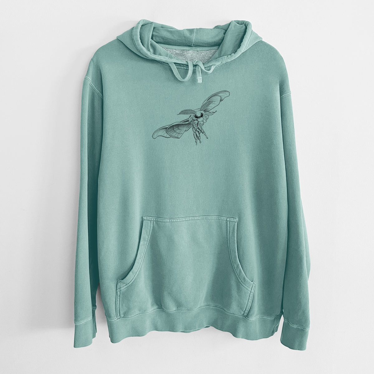 Mint green pigment dyed hoodie laid flat, printed with a black ink illustration of a silk moth with its wings spread.