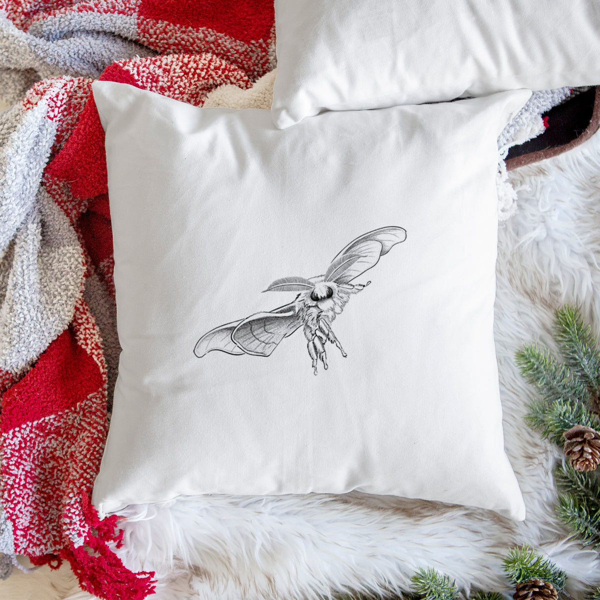 White pillow cover printed with a black ink illustration of a silk moth with its wings spread, on a woven chair.