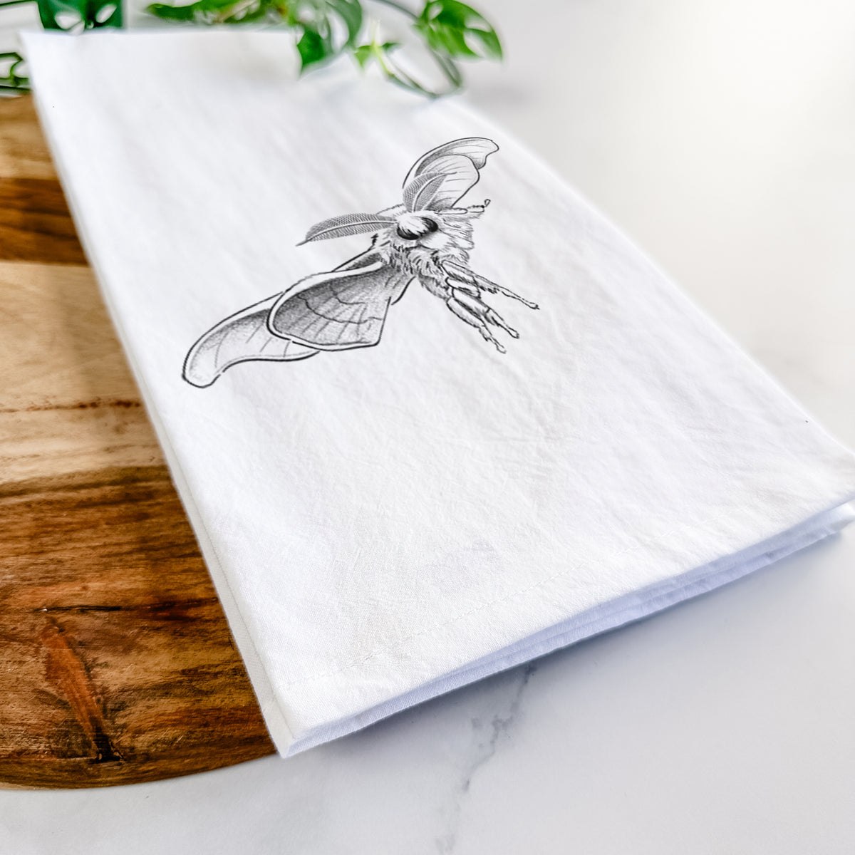 Close-up of a folded white tea towel on a wooden board, showing a black ink illustration of a silk moth with its wings spread.