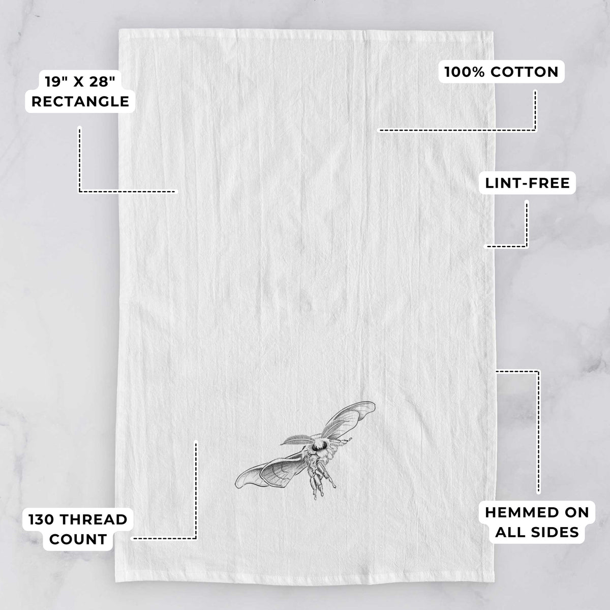White tea towel printed with a black ink illustration of a silk moth with its wings spread, with feature labels: 19 by 28 inch rectangle, 100% cotton, lint-free, 130 thread count, hemmed on all sides.