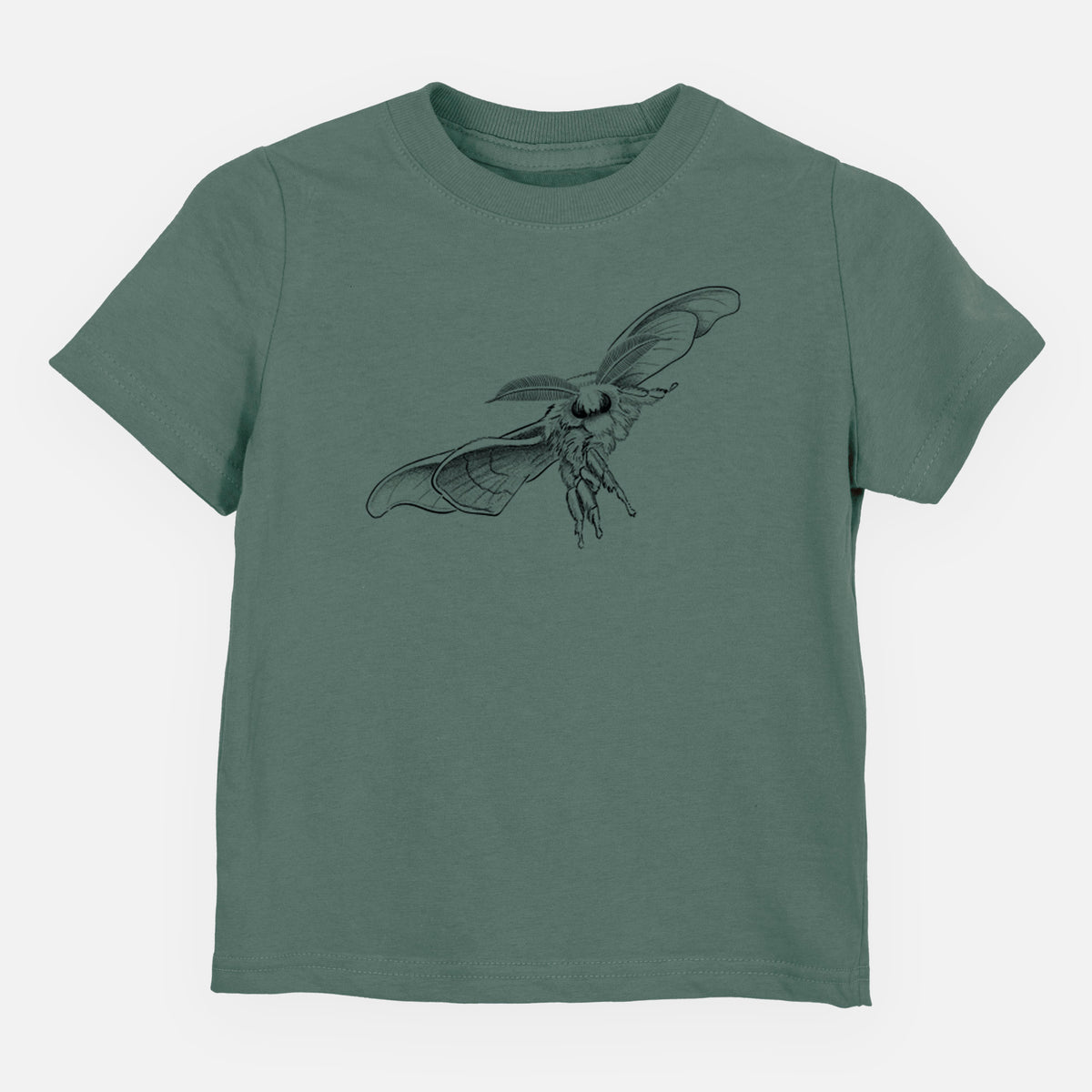 Basil green toddler t-shirt laid flat, printed with a black ink illustration of a silk moth with its wings spread.