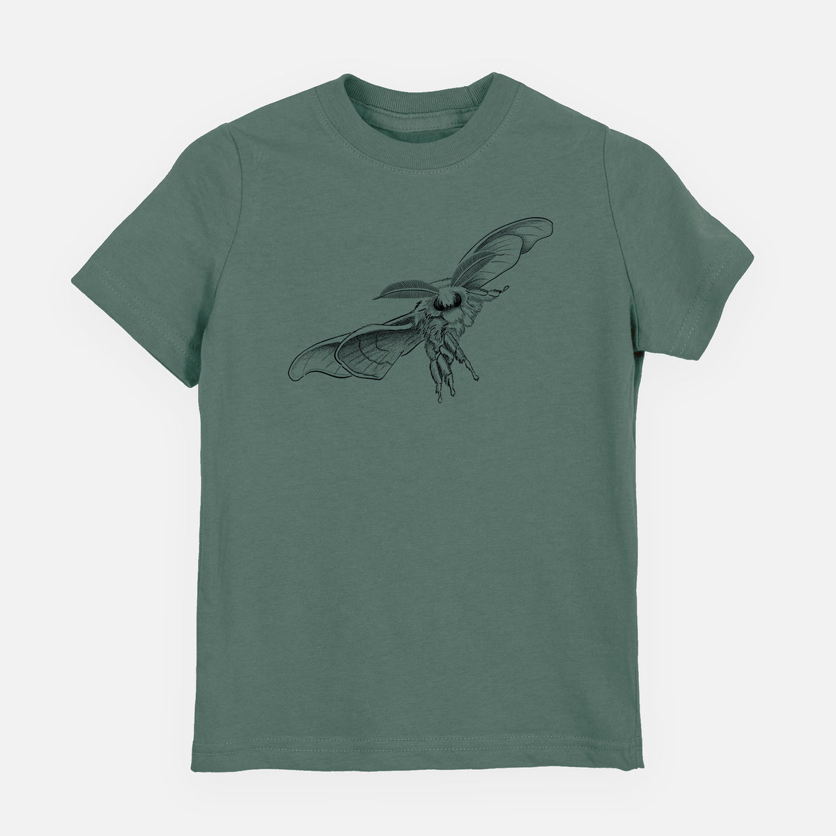 Basil green youth t-shirt laid flat, printed with a black ink illustration of a silk moth with its wings spread.