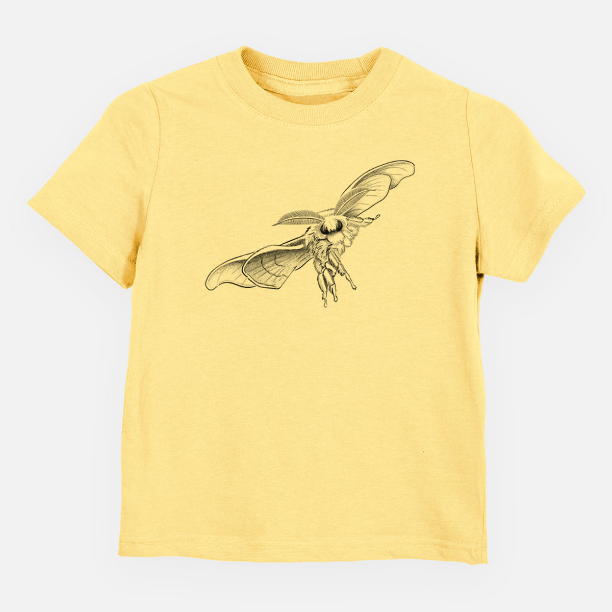 Butter yellow toddler t-shirt laid flat, printed with a black ink illustration of a silk moth with its wings spread.