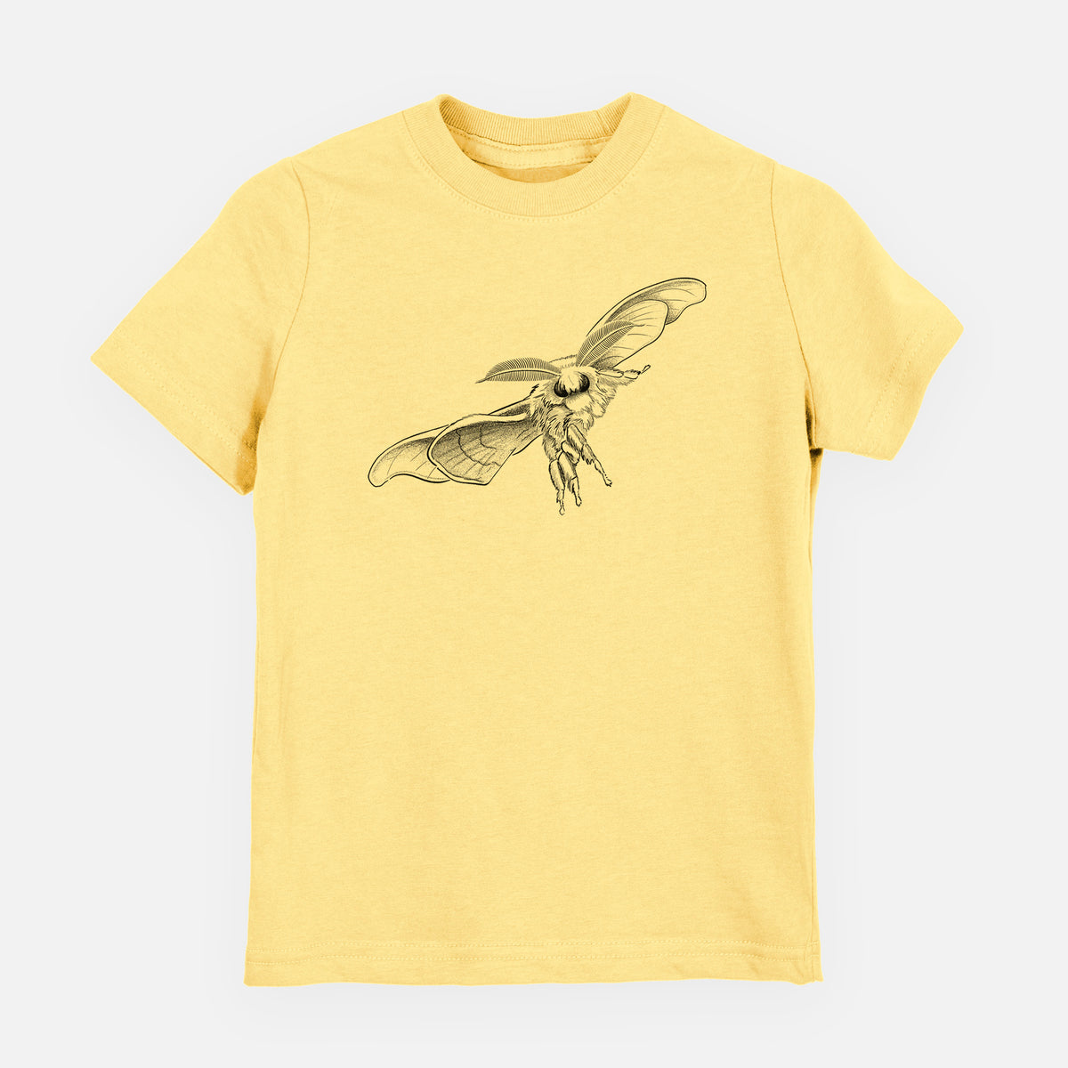 Butter yellow youth t-shirt laid flat, printed with a black ink illustration of a silk moth with its wings spread.