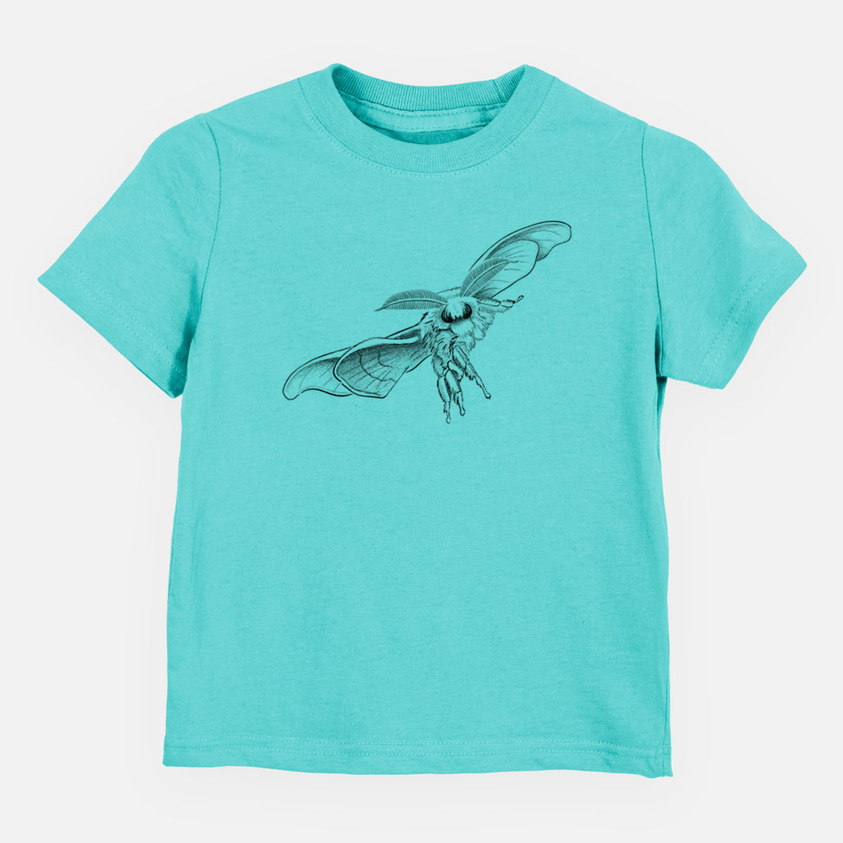 Caribbean blue toddler t-shirt laid flat, printed with a black ink illustration of a silk moth with its wings spread.