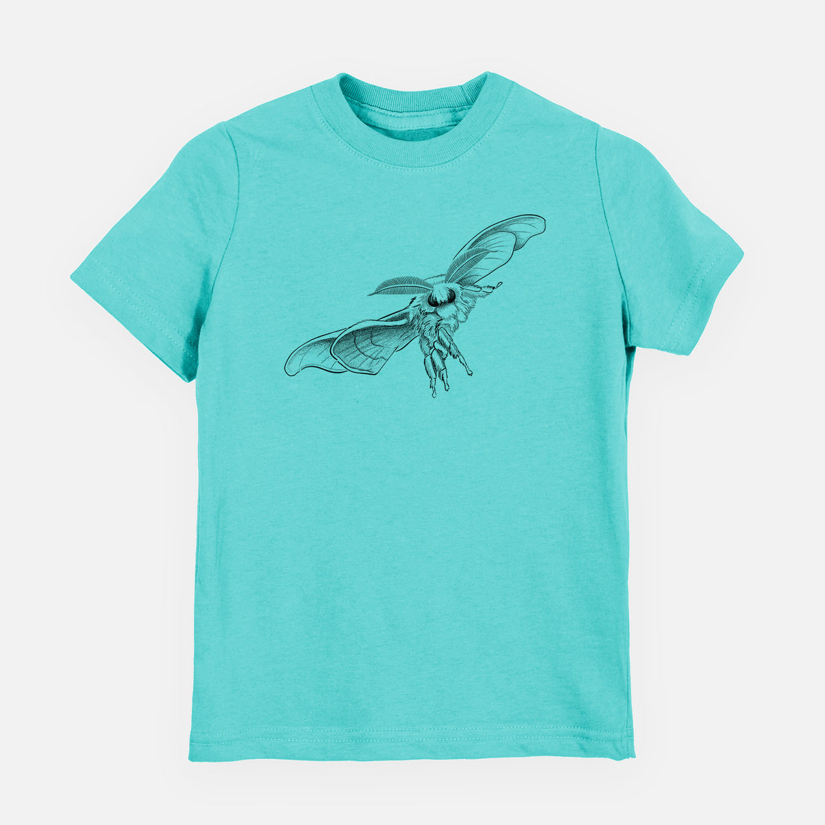 Caribbean blue youth t-shirt laid flat, printed with a black ink illustration of a silk moth with its wings spread.