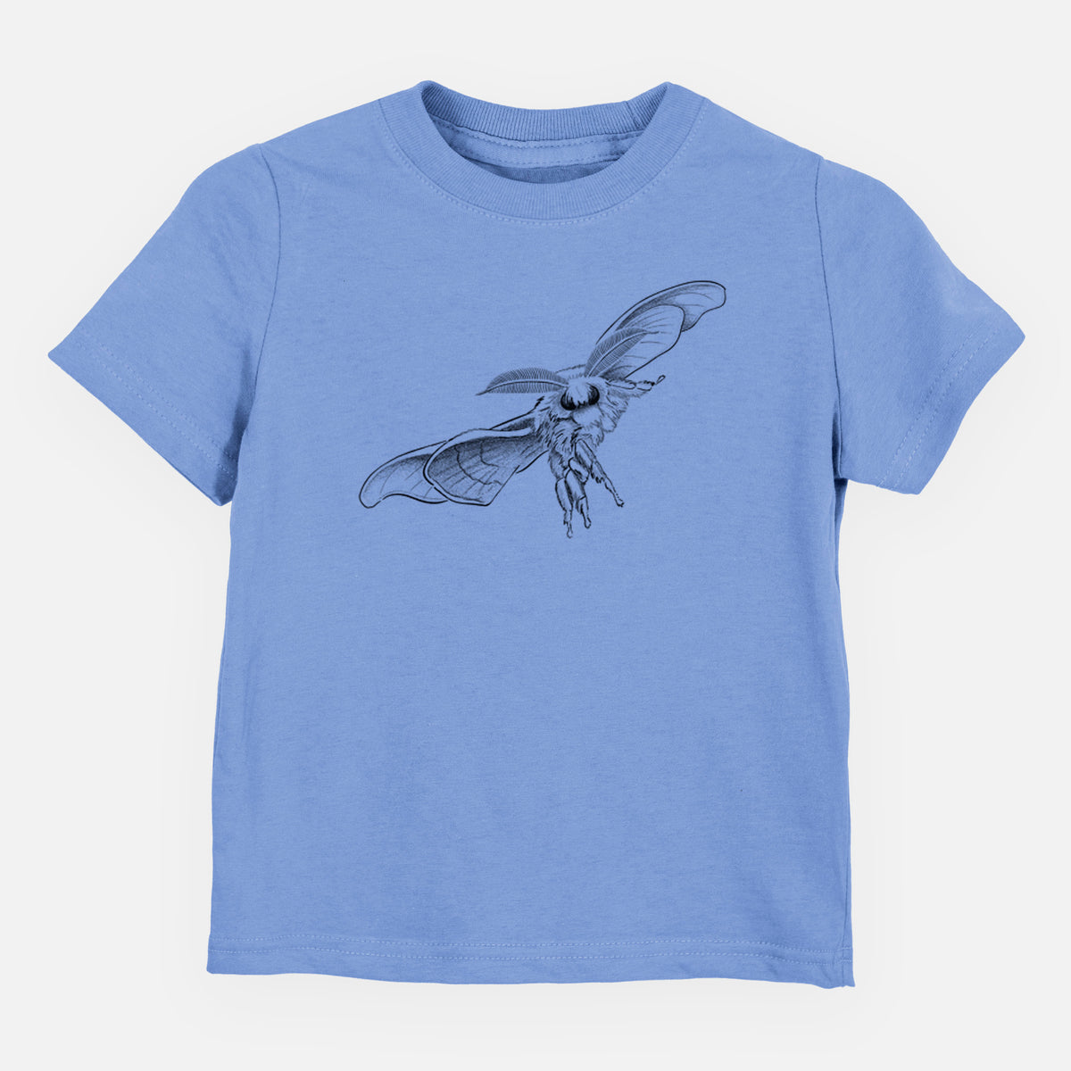 Carolina blue toddler t-shirt laid flat, printed with a black ink illustration of a silk moth with its wings spread.