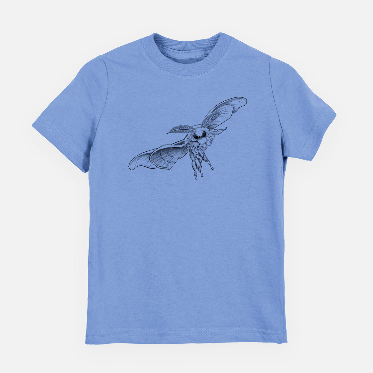 Carolina blue youth t-shirt laid flat, printed with a black ink illustration of a silk moth with its wings spread.
