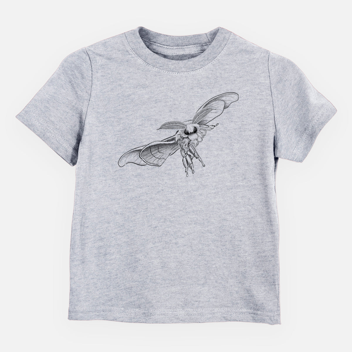 Heather grey toddler t-shirt laid flat, printed with a black ink illustration of a silk moth with its wings spread.