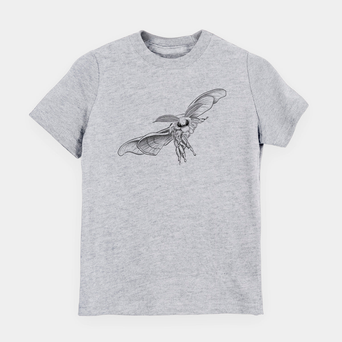 Heather grey youth t-shirt laid flat, printed with a black ink illustration of a silk moth with its wings spread.