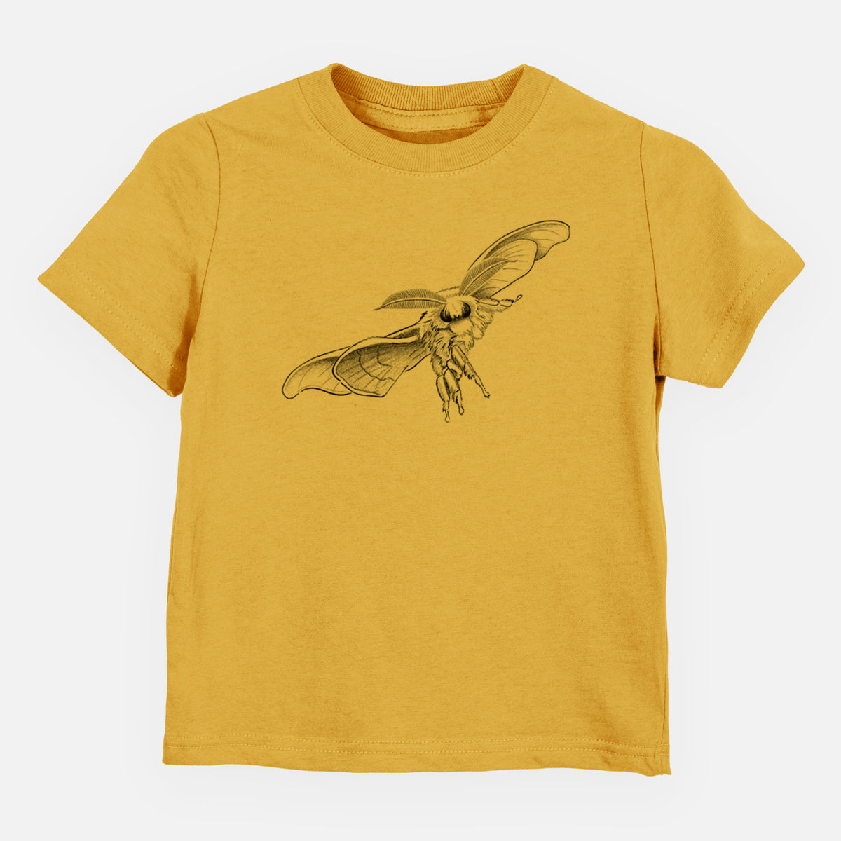 Honeycomb yellow toddler t-shirt laid flat, printed with a black ink illustration of a silk moth with its wings spread.