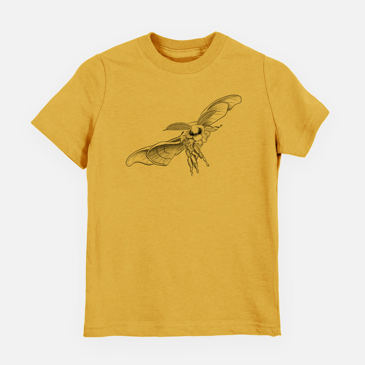 Honeycomb yellow youth t-shirt laid flat, printed with a black ink illustration of a silk moth with its wings spread.