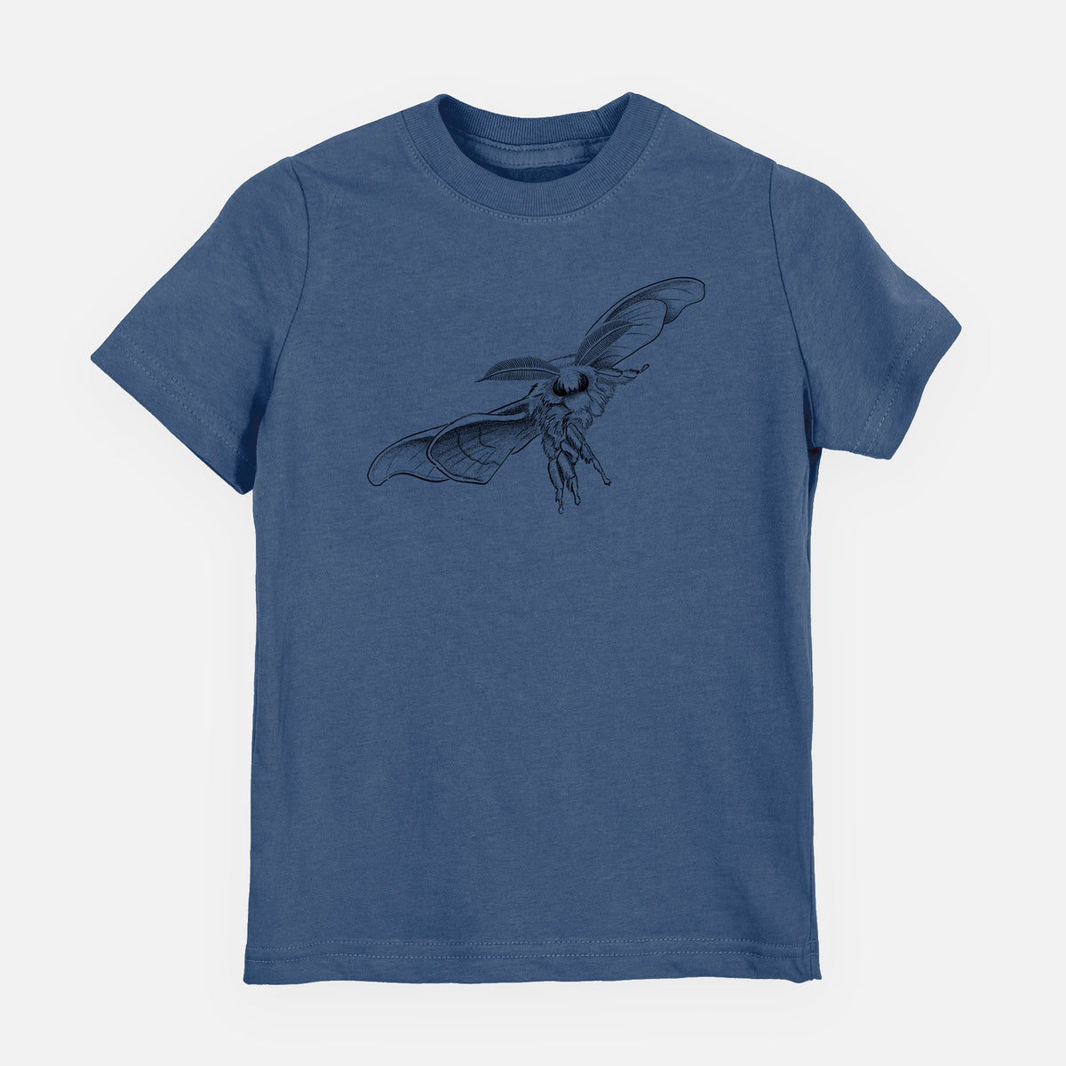 Indigo blue youth t-shirt laid flat, printed with a black ink illustration of a silk moth with its wings spread.