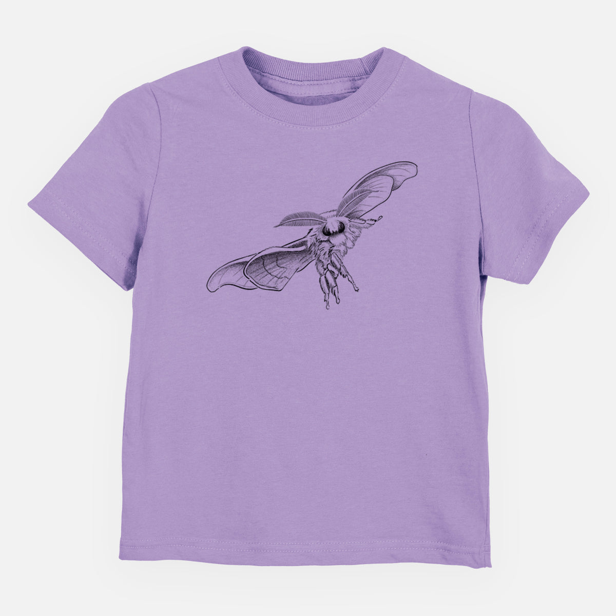 Lavender toddler t-shirt laid flat, printed with a black ink illustration of a silk moth with its wings spread.