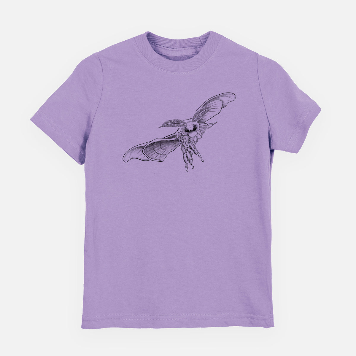 Lavender youth t-shirt laid flat, printed with a black ink illustration of a silk moth with its wings spread.