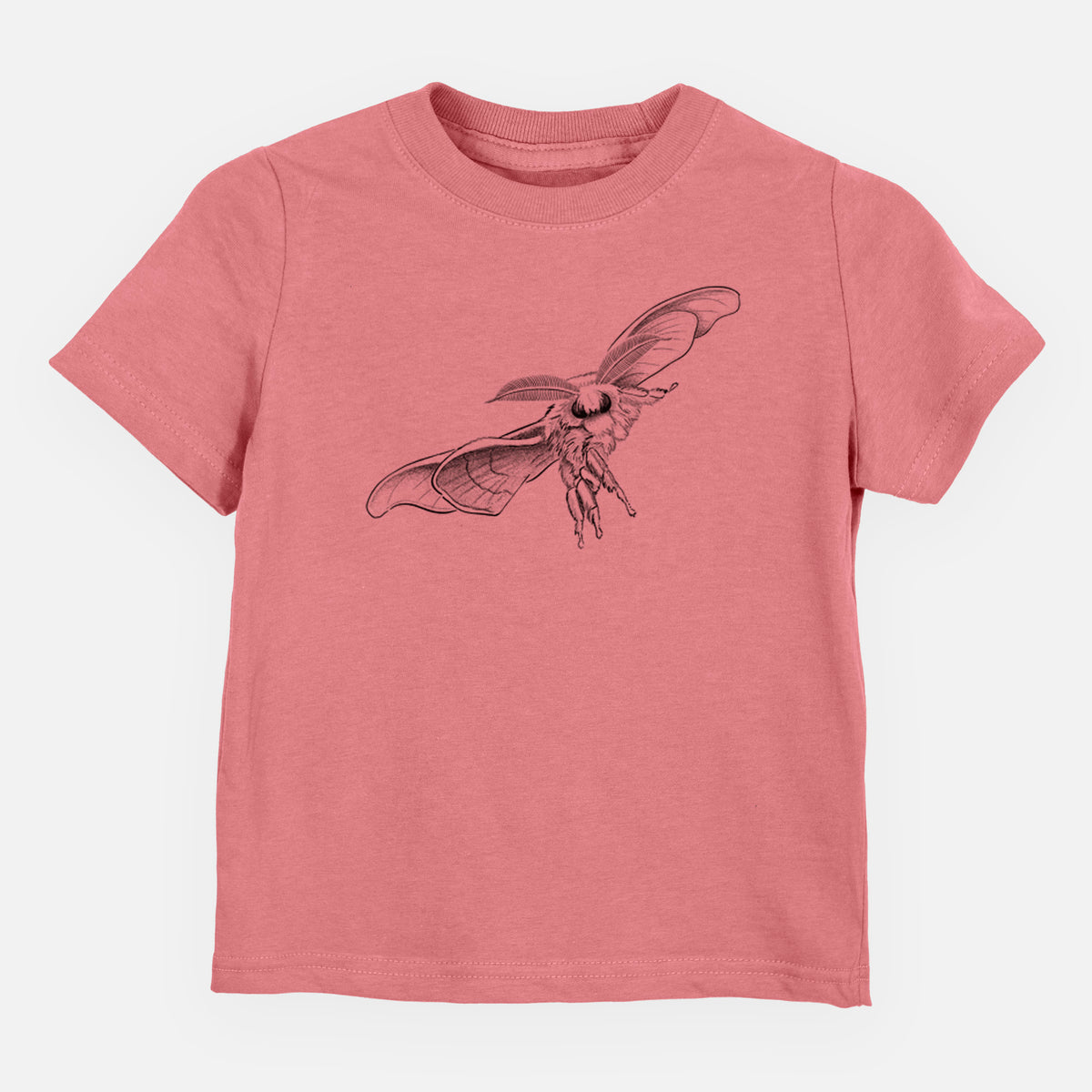Mauve pink toddler t-shirt laid flat, printed with a black ink illustration of a silk moth with its wings spread.