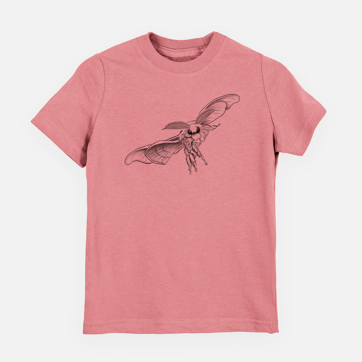 Mauve pink youth t-shirt laid flat, printed with a black ink illustration of a silk moth with its wings spread.