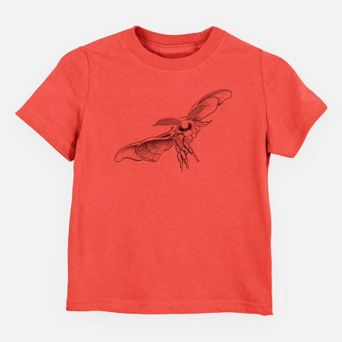 Passionfruit pink toddler t-shirt laid flat, printed with a black ink illustration of a silk moth with its wings spread.