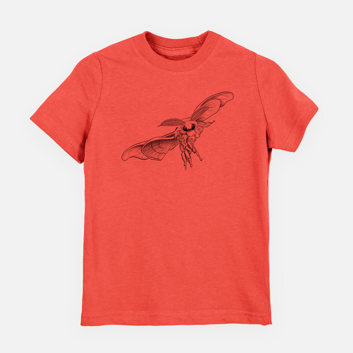 Passionfruit pink youth t-shirt laid flat, printed with a black ink illustration of a silk moth with its wings spread.