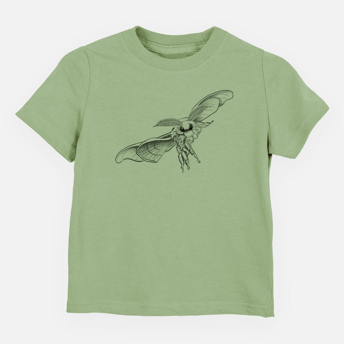Sage green toddler t-shirt laid flat, printed with a black ink illustration of a silk moth with its wings spread.