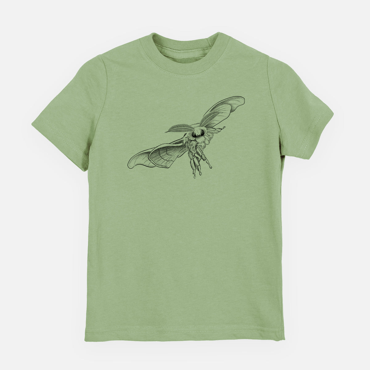 Sage green youth t-shirt laid flat, printed with a black ink illustration of a silk moth with its wings spread.