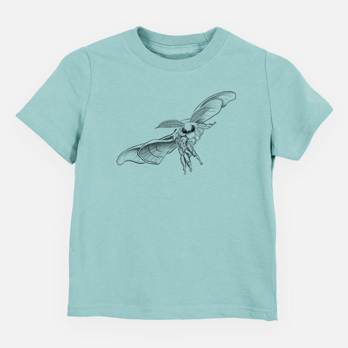 Saltwater toddler t-shirt laid flat, printed with a black ink illustration of a silk moth with its wings spread.