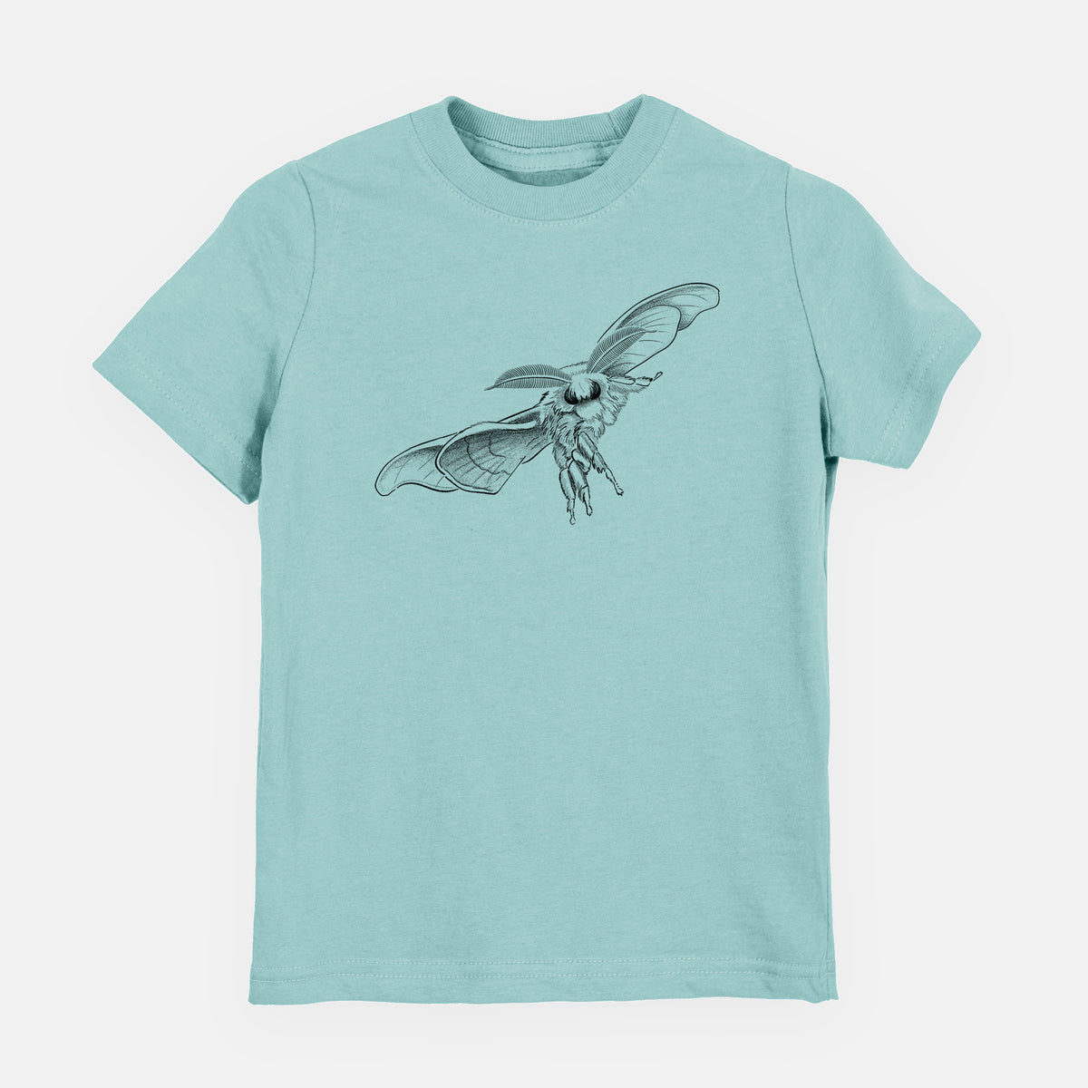 Saltwater youth t-shirt laid flat, printed with a black ink illustration of a silk moth with its wings spread.
