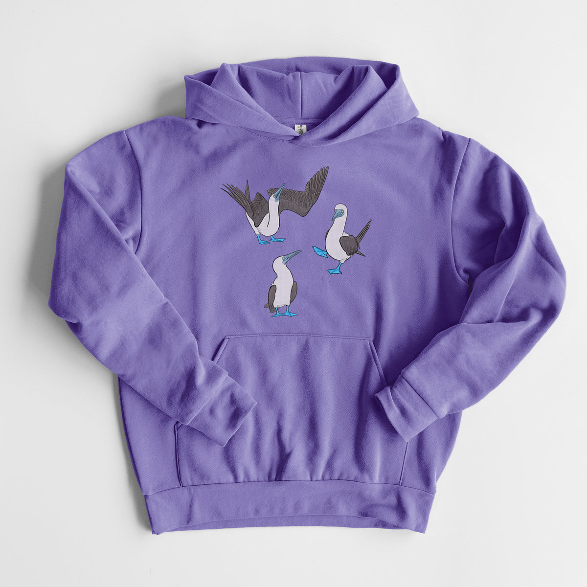 Blue-footed Booby Trio - Sula nebouxii - Statement Midweight Hoodie in Violet, laid flat, showing the oversized boxy fit and front kangaroo pocket.