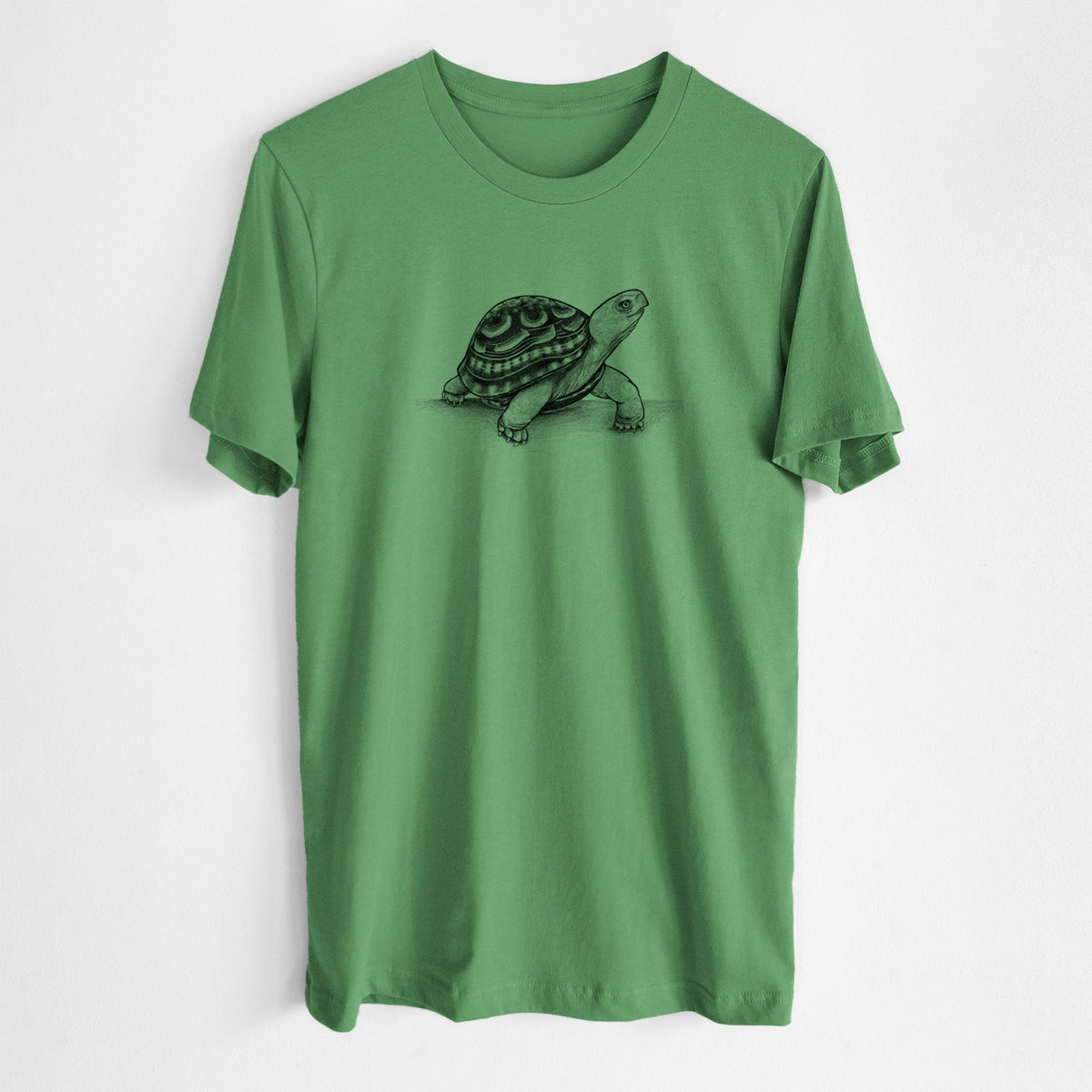 Leaf green lightweight cotton t-shirt laid flat, printed with a detailed black ink illustration of an eastern box turtle walking.