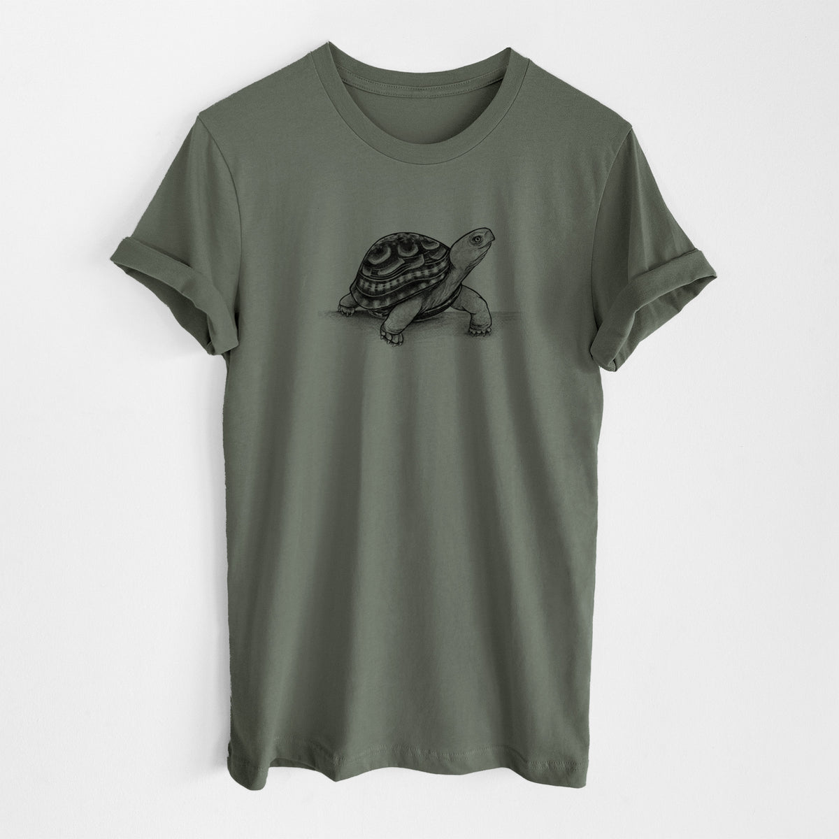 Military green lightweight cotton t-shirt laid flat, printed with a detailed black ink illustration of an eastern box turtle walking.