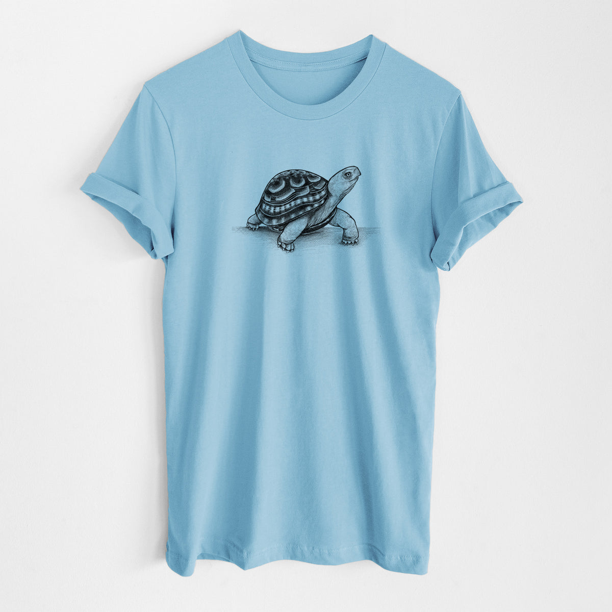 Ocean blue lightweight cotton t-shirt laid flat, printed with a detailed black ink illustration of an eastern box turtle walking.