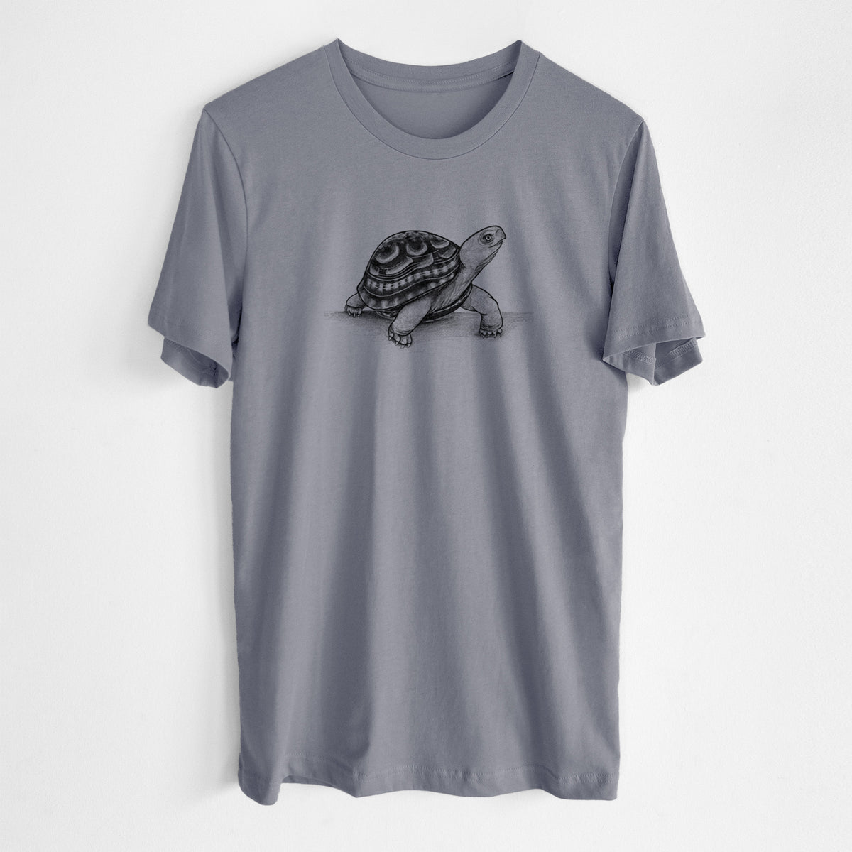 Storm grey lightweight cotton t-shirt laid flat, printed with a detailed black ink illustration of an eastern box turtle walking.