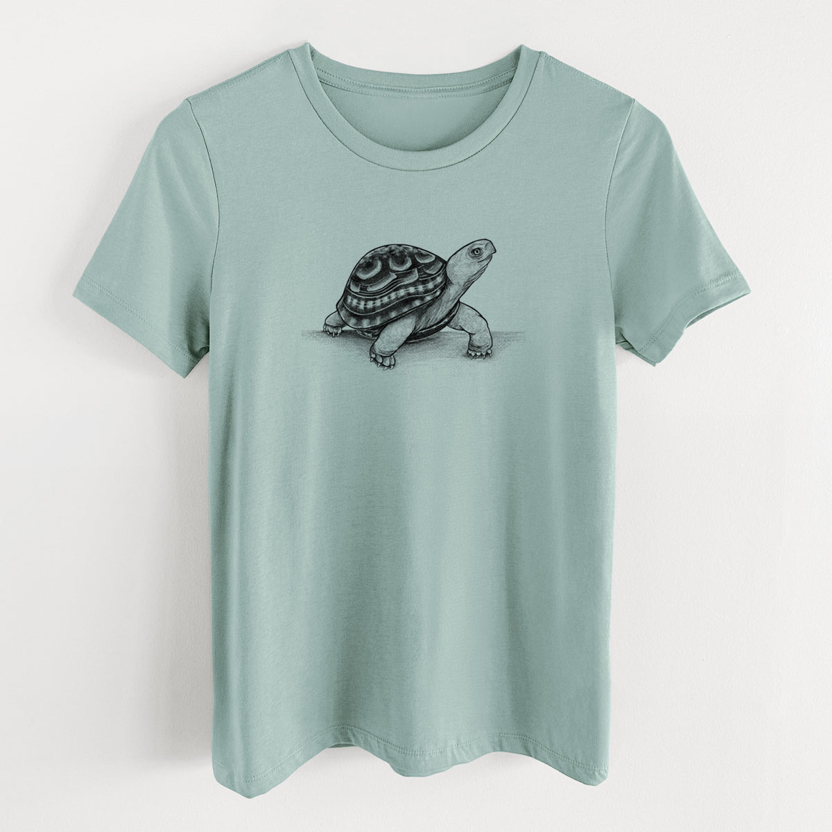 Dusty blue women's relaxed fit cotton t-shirt laid flat, printed with a detailed black ink illustration of an eastern box turtle walking.