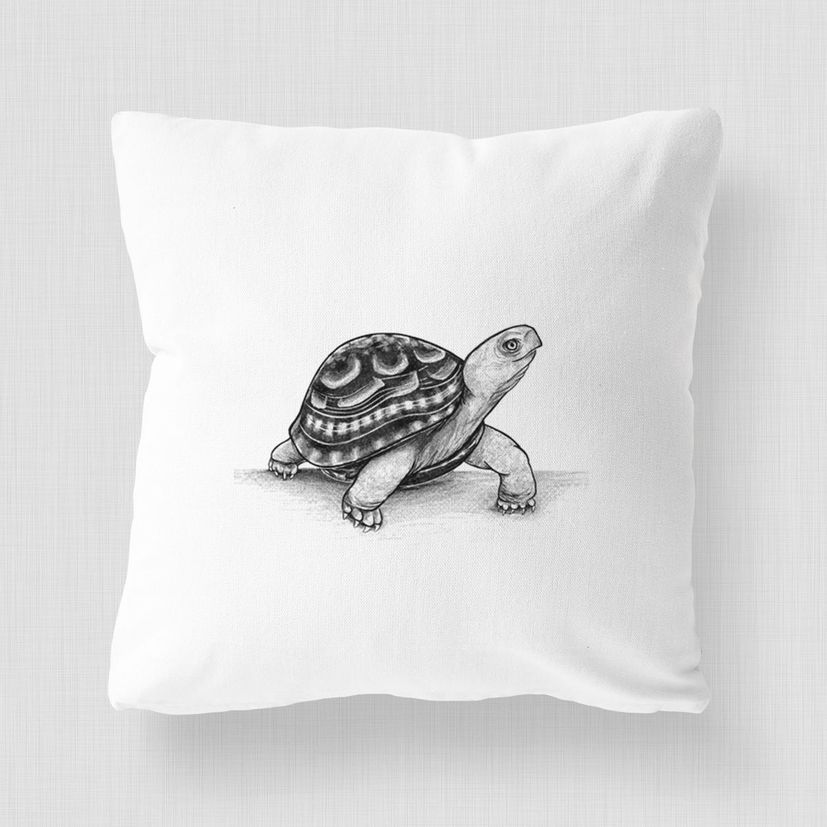 White pillow cover printed with a detailed black ink illustration of an eastern box turtle walking.
